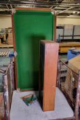 Pool table with cue cupboard, cues, 10 red snooker ball set and triangle - see desc.