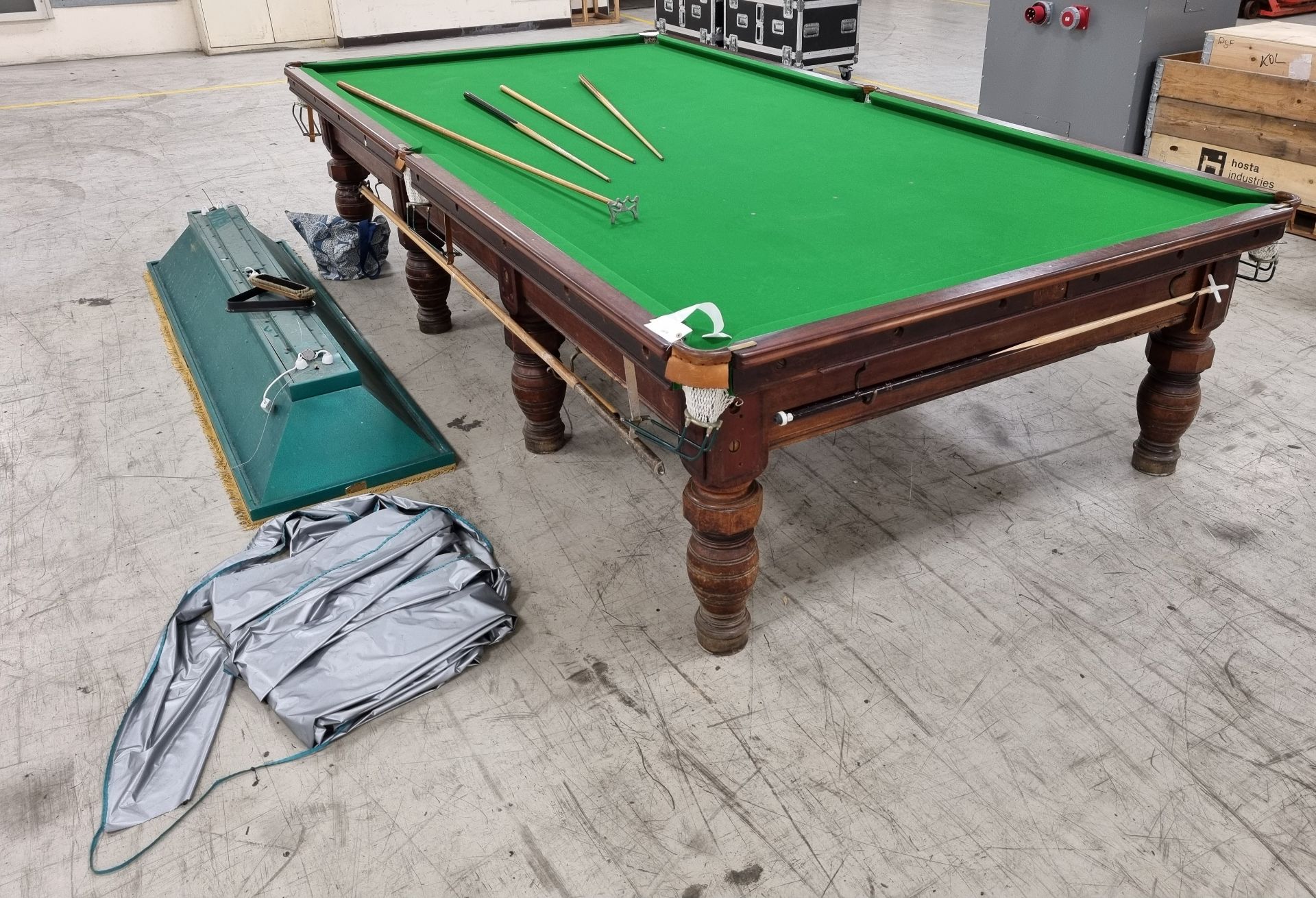 Orme & Sons Manchester 12ft snooker table with cues, cue rests, cover, and lighting