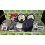 Vintage amp and volt meter, smoke and heat alarm, Panasonic answer phone and extension phone,