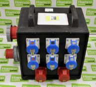 Distro rubber box type - 63 amp 3 phase in and thru - 6x 32 amp, 2x 32 amp 3 phase outlets