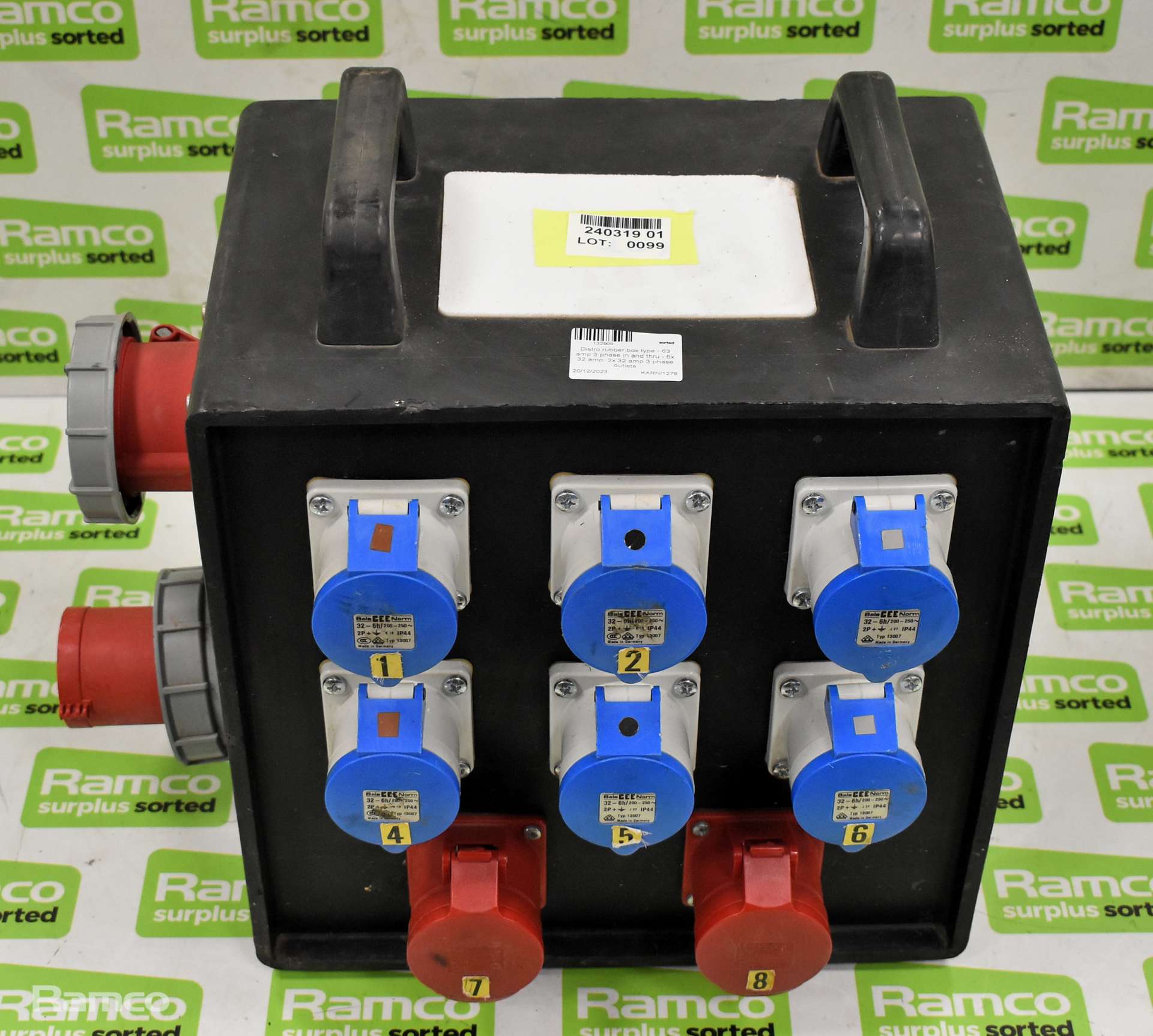 Distro rubber box type - 63 amp 3 phase in and thru - 6x 32 amp, 2x 32 ...