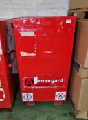 Red metal chemical storage container - W 760 x D 680 x H 1280 mm - NO KEYS