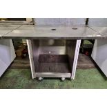 Stainless steel mobile with 3 wooden panels and centre hole on tabletop - L 1260 x D 800 x H 855mm