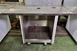 Stainless steel mobile with 3 wooden panels and centre hole on tabletop - L 1260 x D 800 x H 855mm