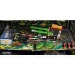 Assorted tools - screwdrivers, hammer, socket set, basin wrench, dual transfer pumpx 2x axes