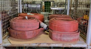 8x Red 70mm lay flat hoses with couplings - approx 23m in length