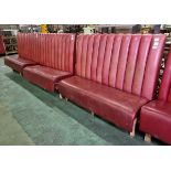 3x Red leather padded bench seats - W 1670 x D 700 x H 1380 mm