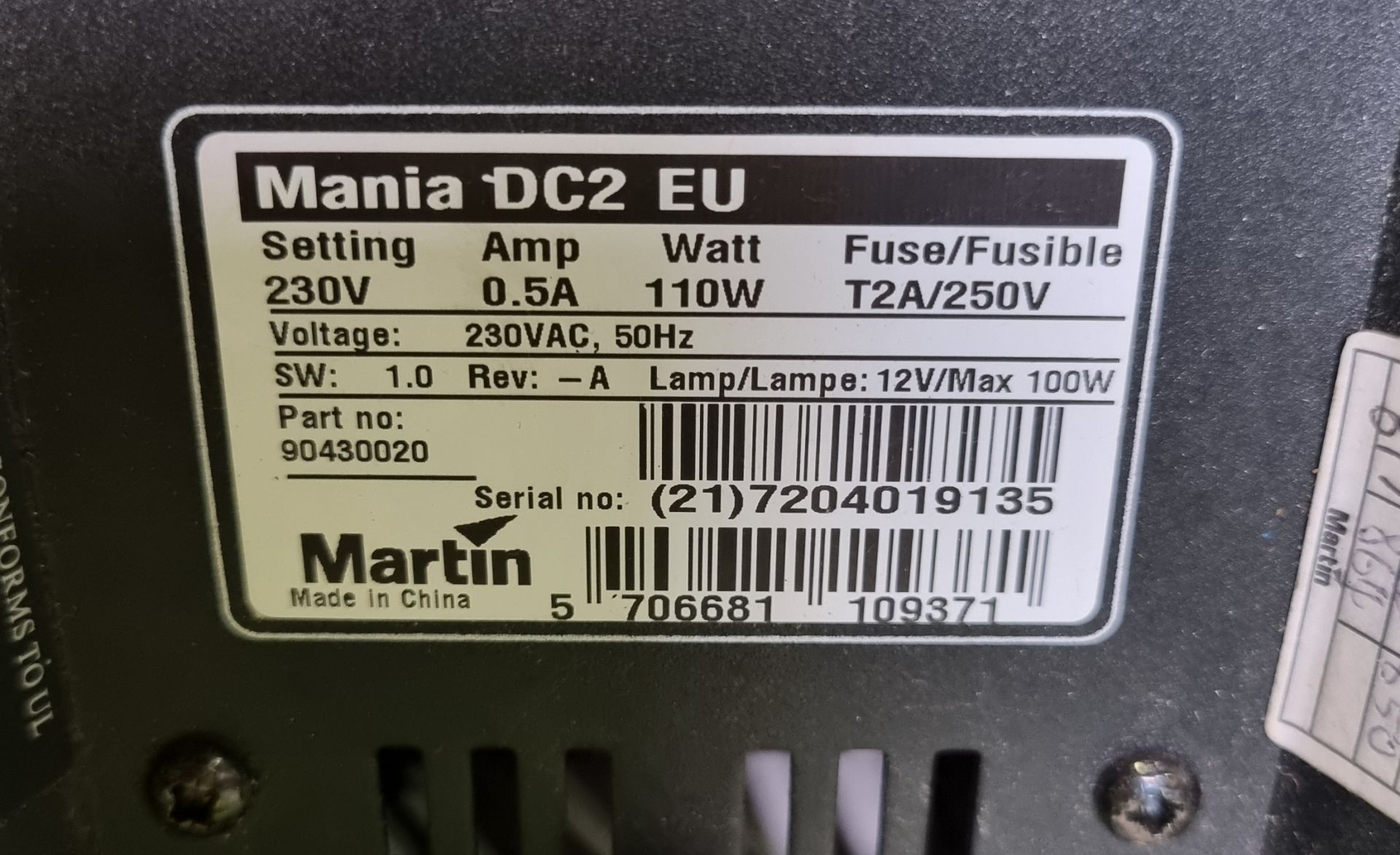 2x Martin DC2 Mania Fire Effect light projectors with lamps, 13A mains cables - Image 4 of 4