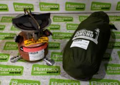 Coleman mini dual fuel camping stove, Travelproof expedition poncho with bag