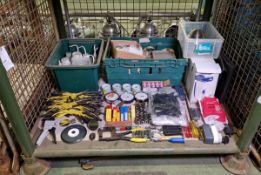 Workshop equipment - drill bits, sockets, hacksaw blades, gauges, soap dispensers, squirt bottles