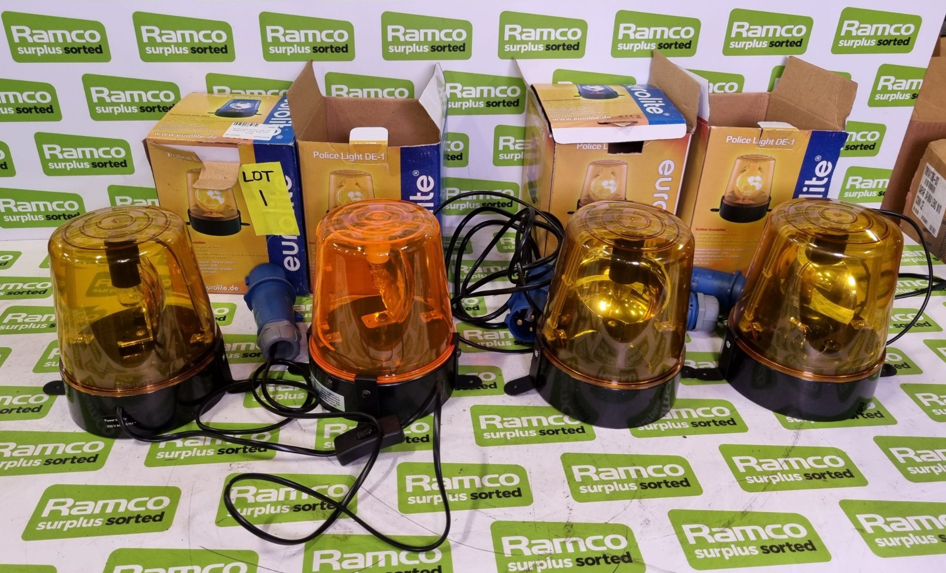 4x Eurolite amber rotating beacons - 230V with 16A plugs