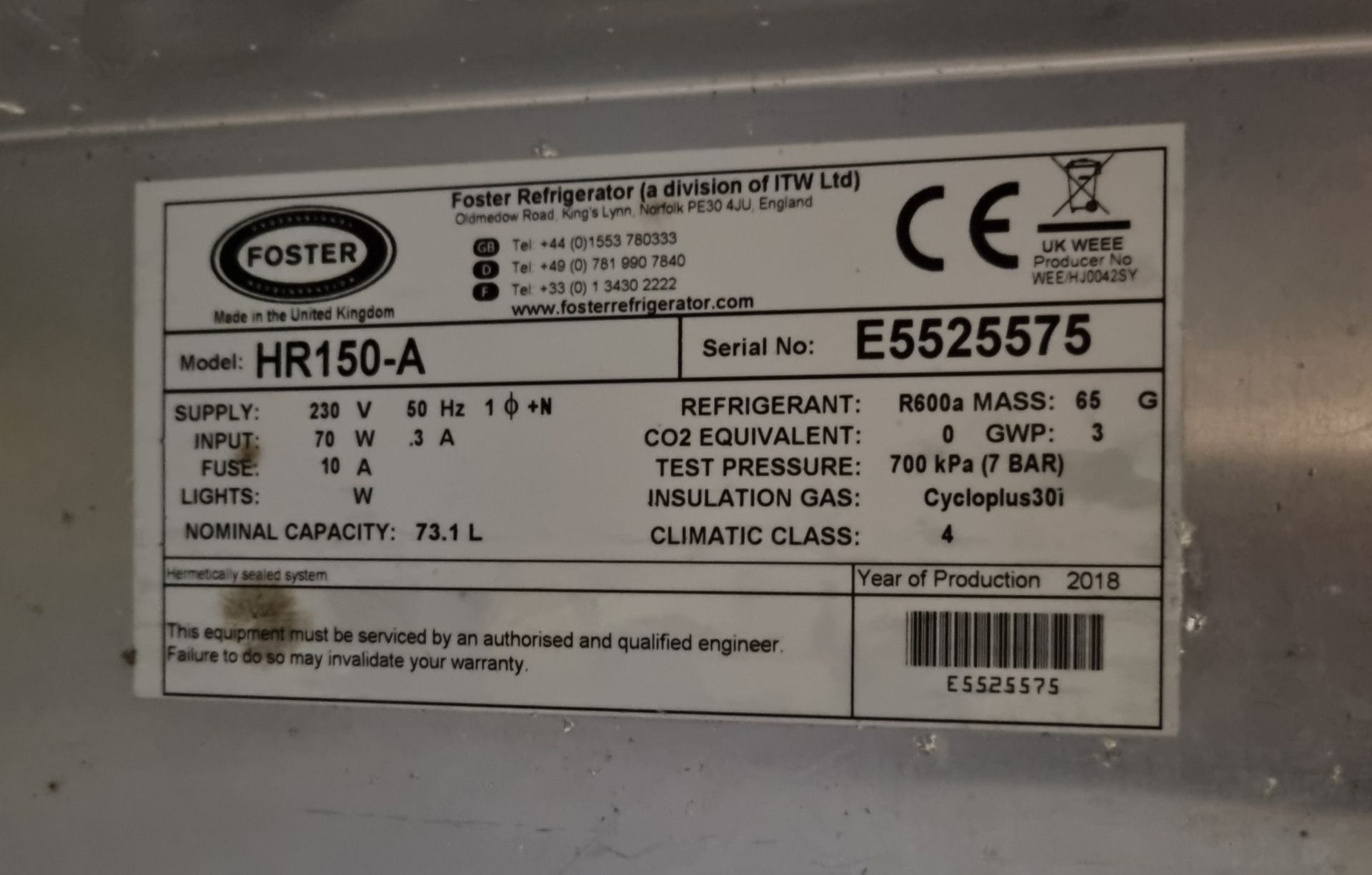 Foster HR150-A stainless steel undercounter fridge, 73.1 ltr - W 600 x D 640 x H 810 mm - Bild 4 aus 4
