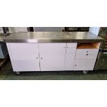 Mobile cupboard and drawer unit with stainless steel countertop - L 1800 x W 650 x H 870mm