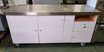 Mobile cupboard and drawer unit with stainless steel countertop - L 1800 x W 650 x H 870mm