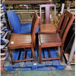 3x Brown wooden chairs, 1x Blue padded chair