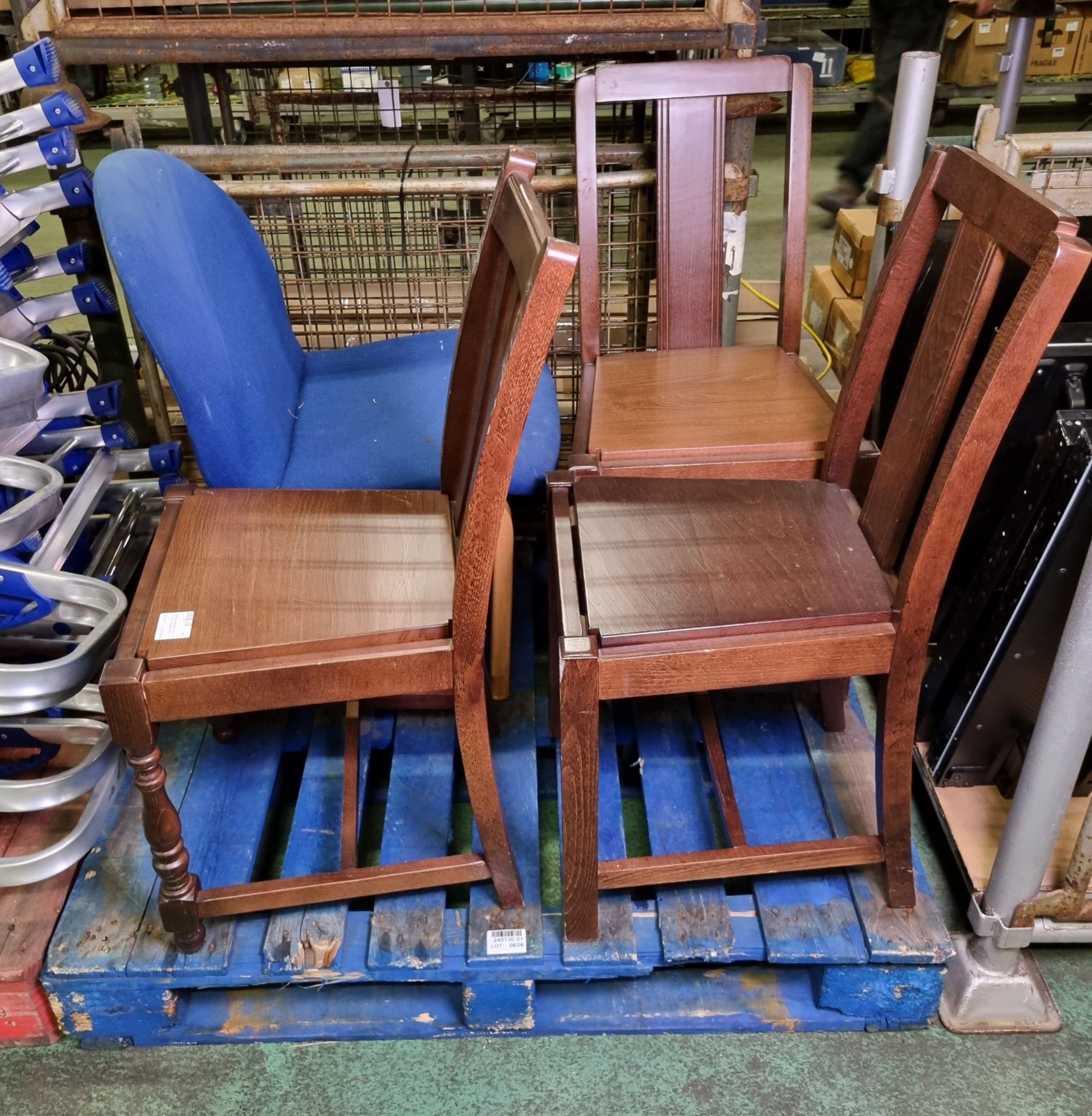3x Brown wooden chairs, 1x Blue padded chair