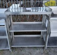 Stainless steel corner table unit with 2 lower shelves - L 900 x W 770 x H 870mm