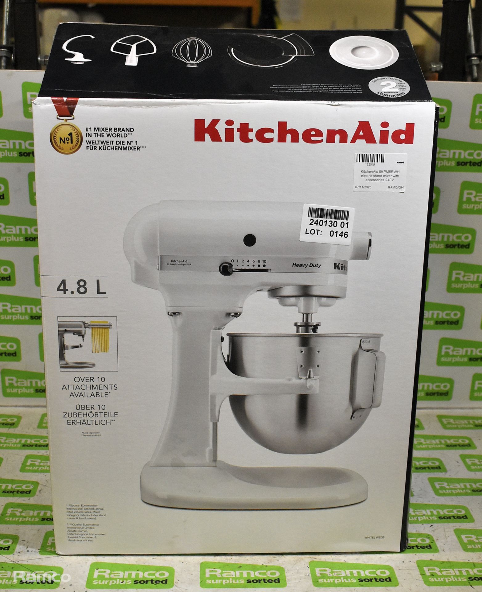 KitchenAid 5KPM5BWH electric stand mixer with accessories 240V - Image 8 of 9