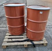 2x 220L Red mild steel open top drums - L 600 x W 600 x H 880mm