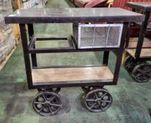 Metal serving trolley with wooden shelves - missing draw - W 900 x D 470 x H 910 mm