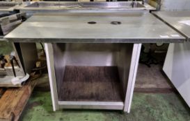 Stainless steel mobile with 3 wooden panels and centre hole on tabletop - L 1260 x D 800 x H 855mm