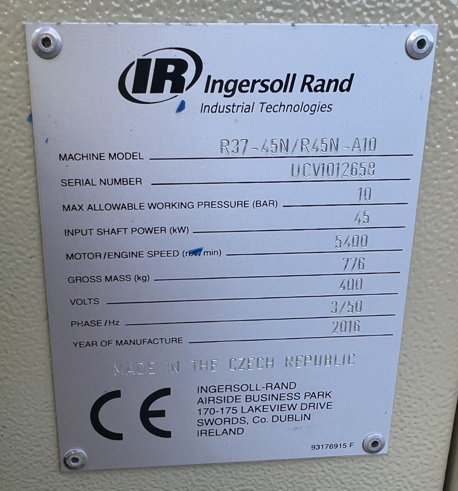 Ingersoll Rand R37-45n/R45n-A10 45 kW compressor – 2016 – W 1950 x D 1060 x H 1620mm - Image 10 of 17