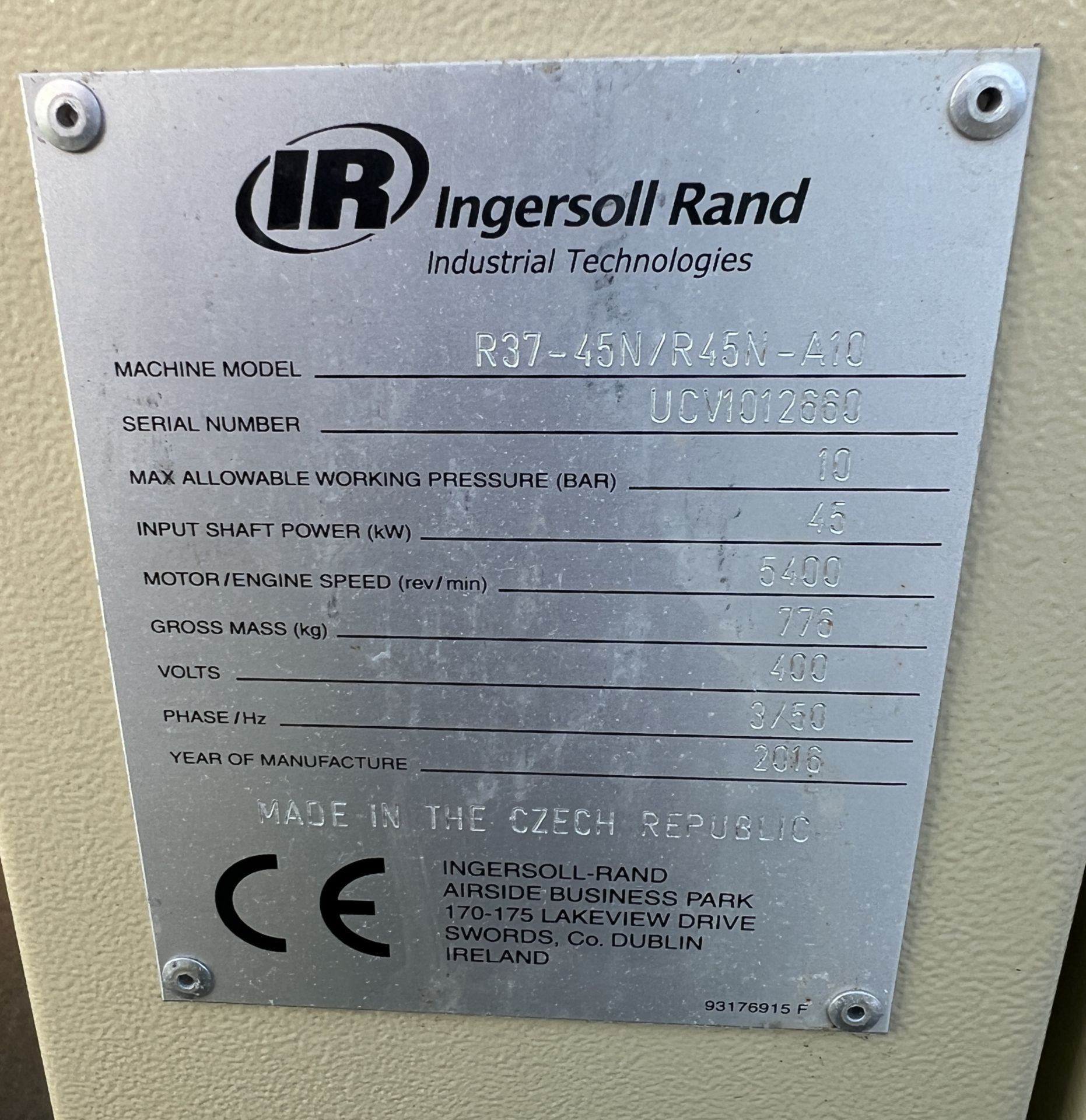 Ingersoll Rand R37-45n/R45n-A10 45 kW compressor – 2016 – W 1950 x D 1060 x H 1620mm - Image 14 of 16