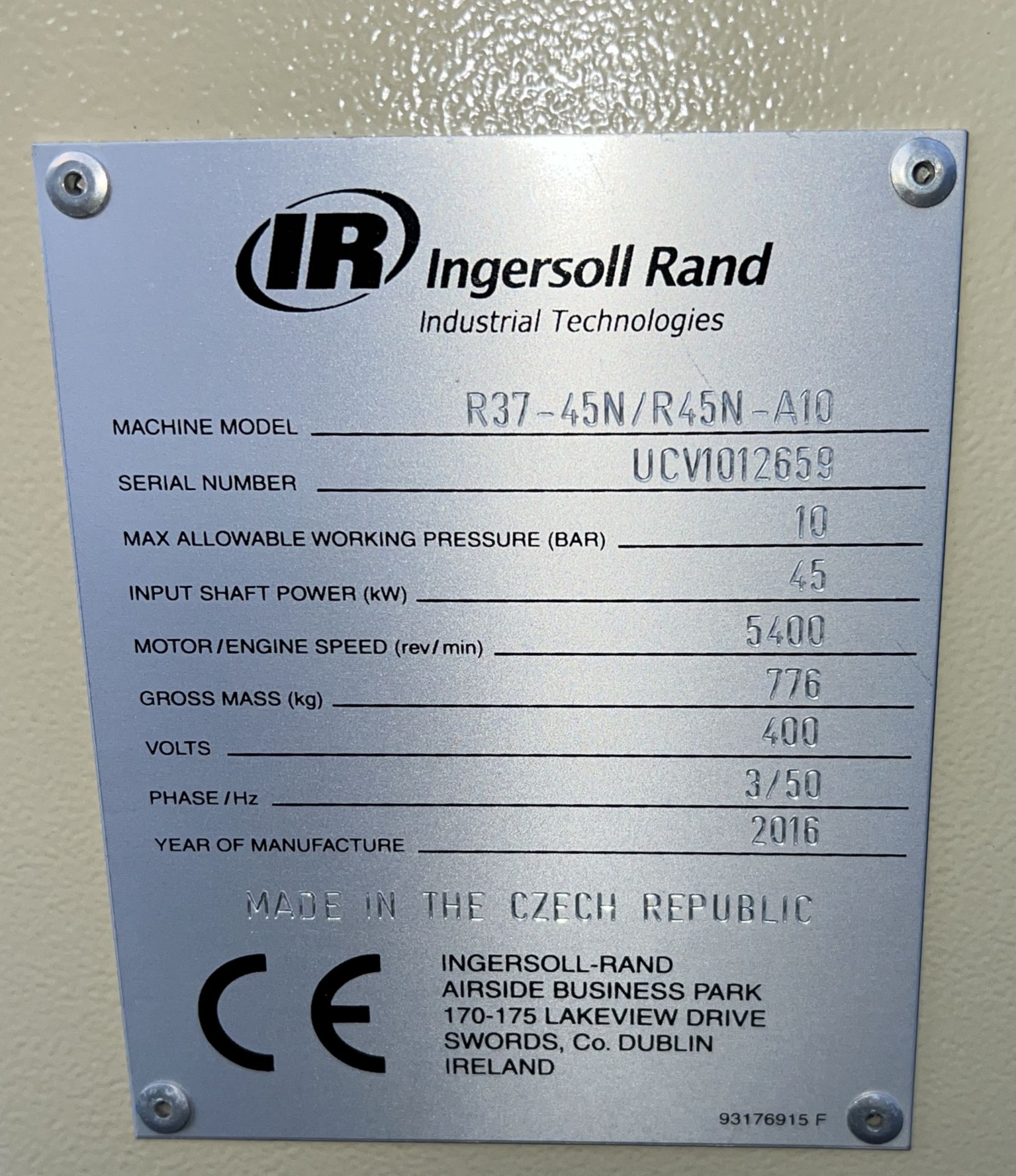 Ingersoll Rand R37-45n/R45n-A10 45 kW compressor – 2016 – W 1950 x D 1060 x H 1620mm - Image 18 of 18