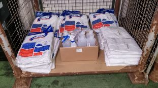 43x White disposable coveralls, 6x Plastic screw cap bottles, 1x plastic sprayer