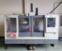 Bridgeport VMC 760 CNC vertical machining centre with work bench and swarf skip - Serial No: 20363