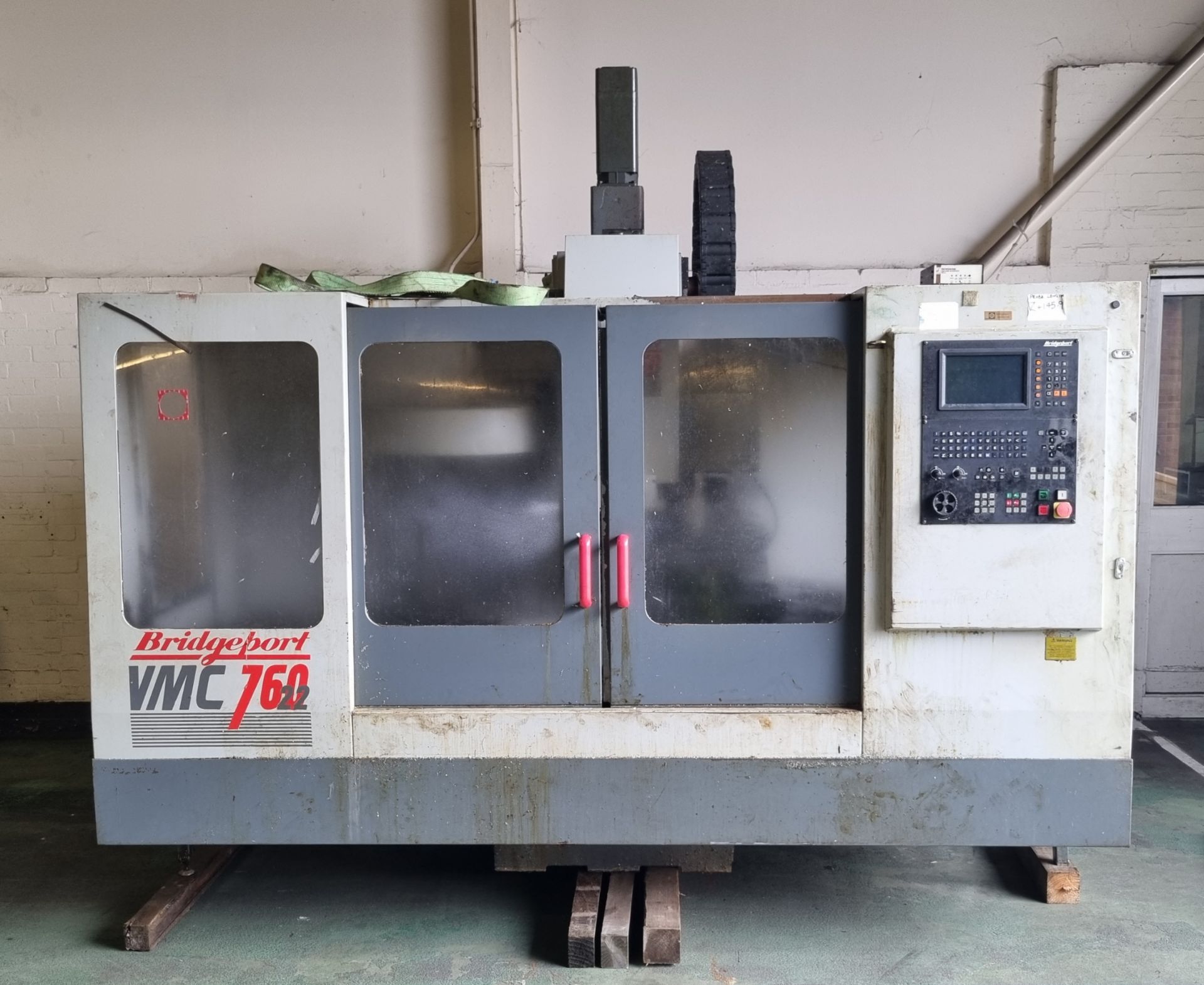 Bridgeport VMC 760 CNC vertical machining centre with work bench and swarf skip - Serial No: 20363