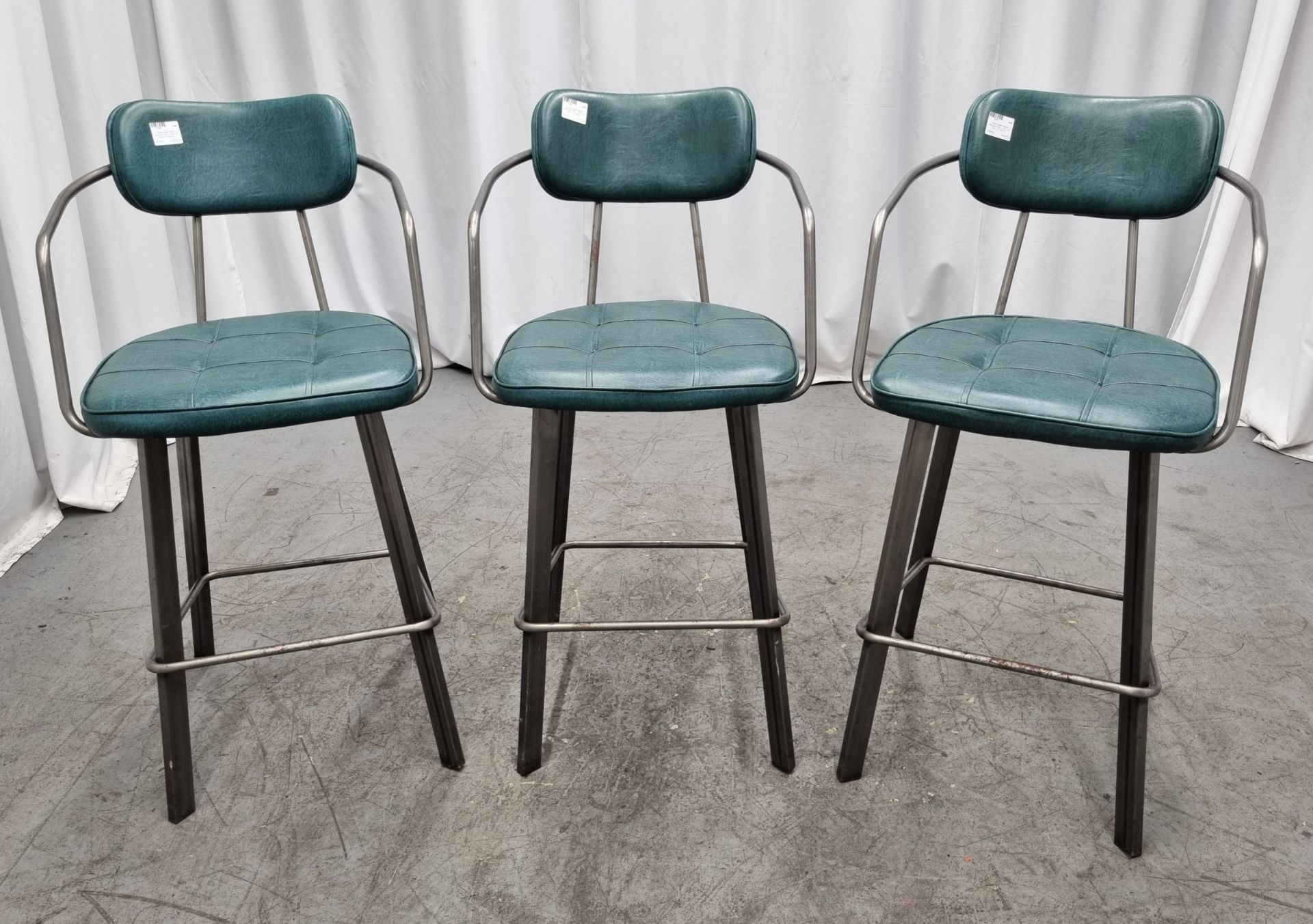 3x Industrial green leather restaurant chairs - L 550 x W 600 x H 1100mm