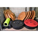 Fitness equipment - 6x wobble boards, 3x rocker boards, 8x 5kg weight plates, 3x foam rollers