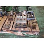 Workshop tools and equipment - 3 jaw lathe chucks,metal blocks and adjustable and fixed angle table