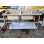 Stainless steel sink unit with dual sinks - L 1400 x W 700 x H 1050mm