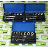 3x King Dick 9 piece 3/8 inch drive socket sets - 10mm to 22mm