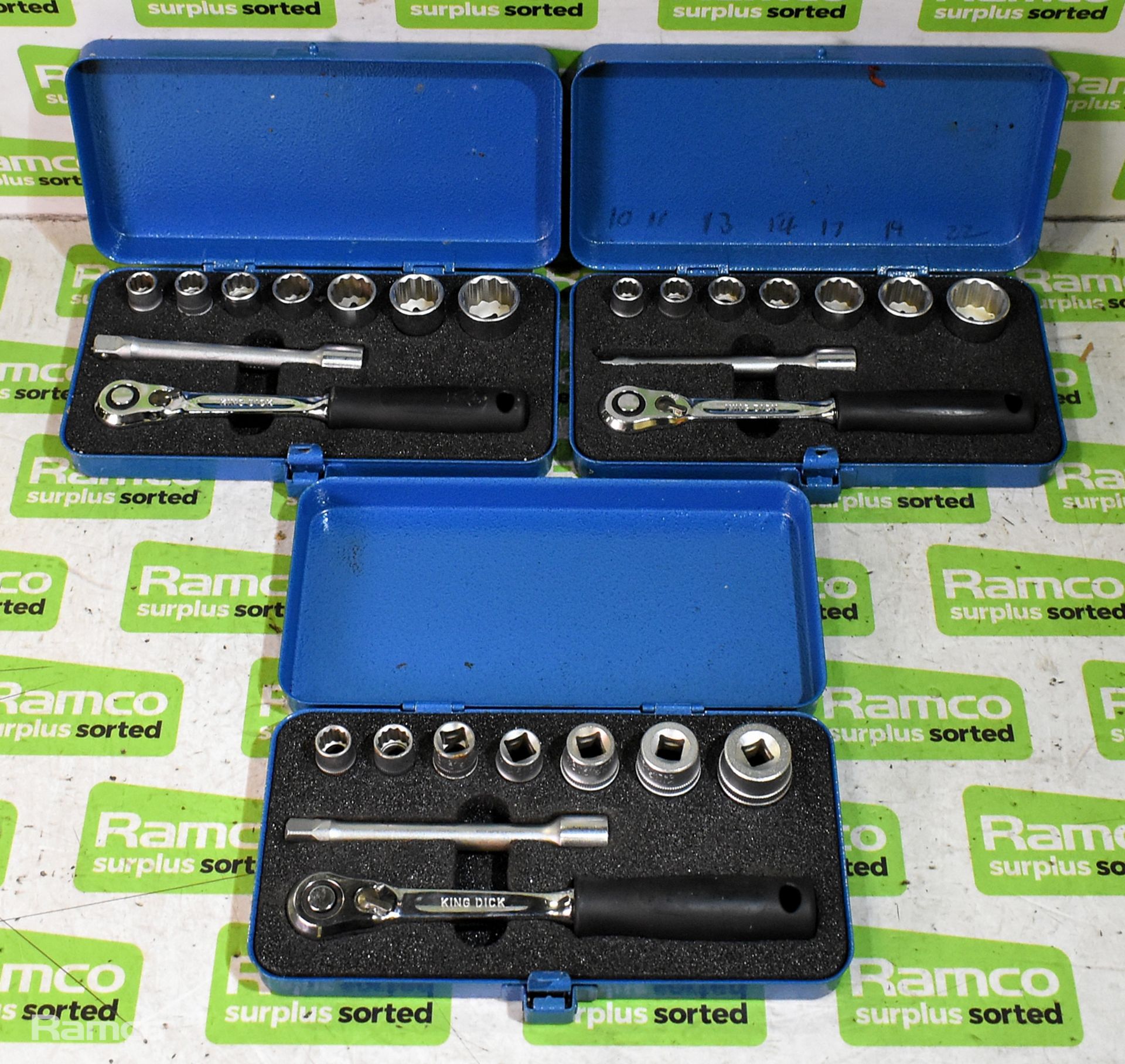 3x King Dick 9 piece 3/8 inch drive socket sets - 10mm to 22mm