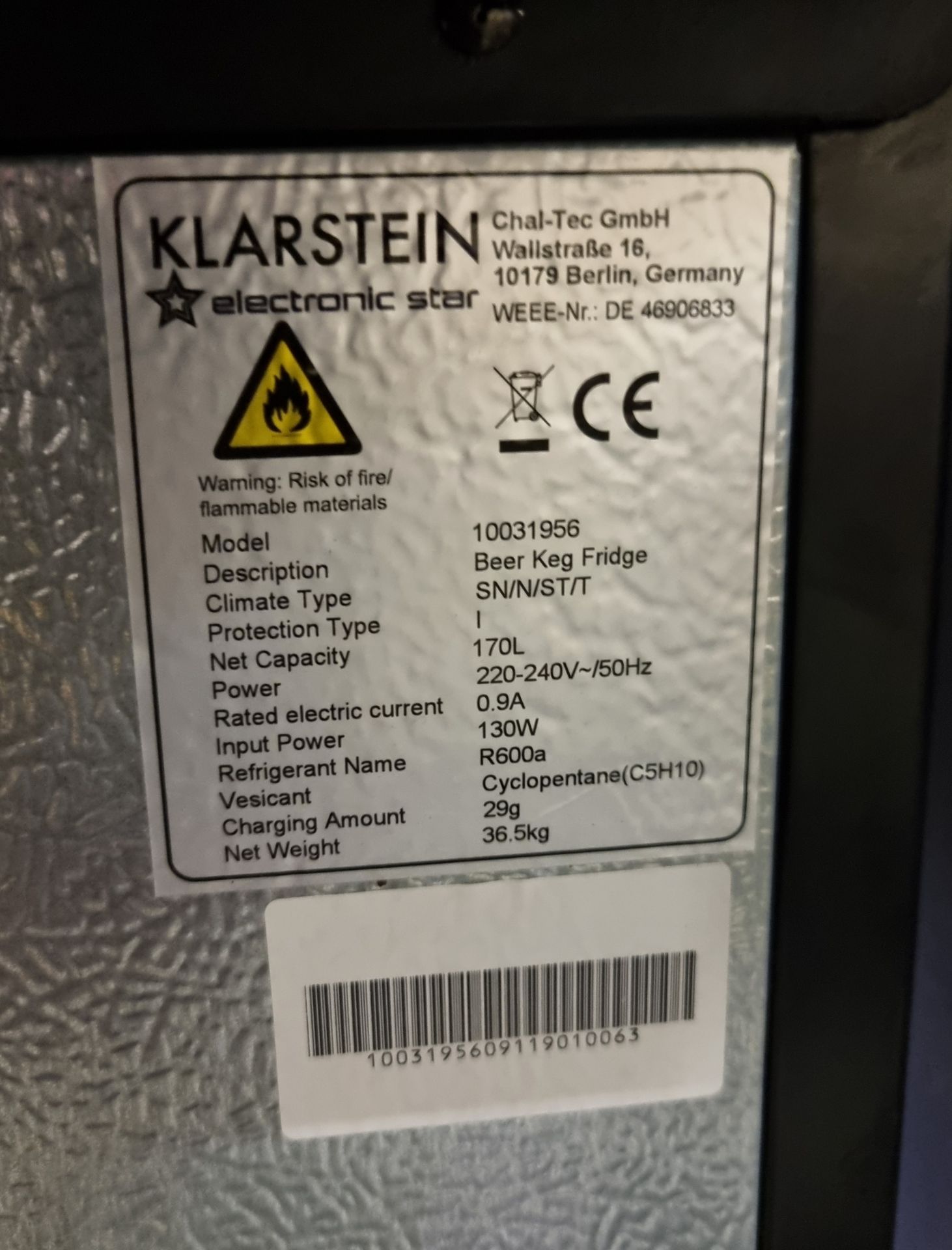Klarstein 10031956 beer keg fridge with taps - W 950 x D 640 x H 1250 mm - Image 4 of 5