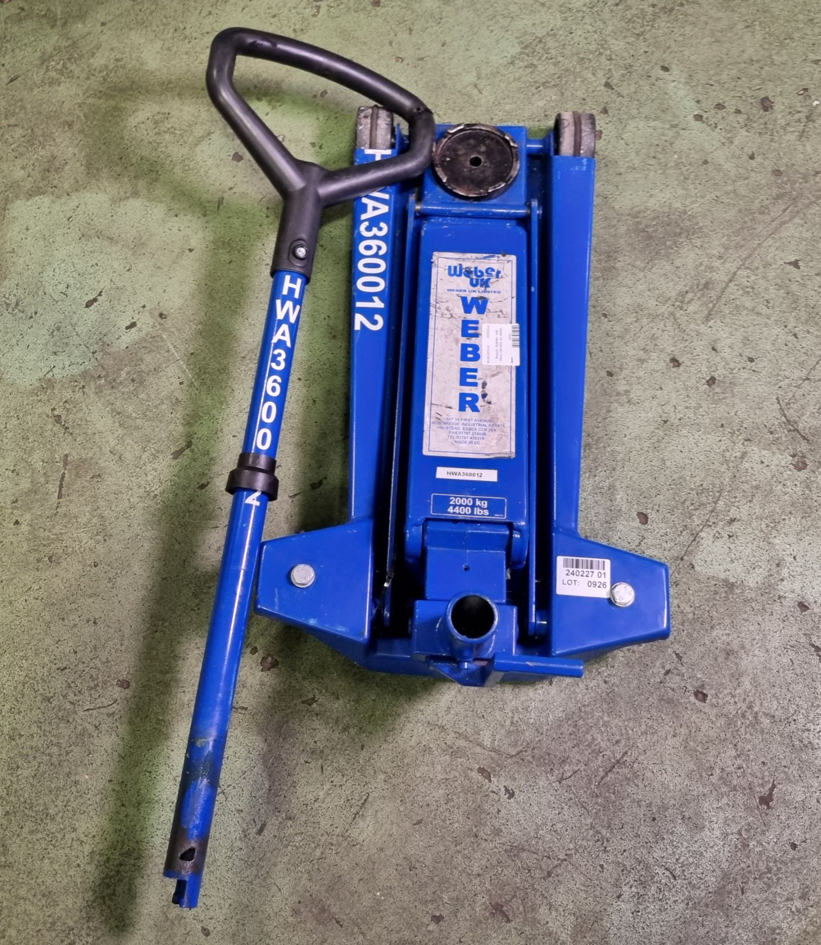 Weber UK hydraulic trolley jack - capacity: 2000kg - LEAKS - NEED SERVICING - Image 4 of 4