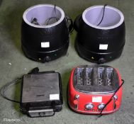 Wilko red 4 slice toaster, 2x Buffalo L715 soup kettles - 10L & Geepas 4 slice waffle maker