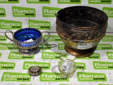 Decorated brass bowl with rose pattern, Small chrome plated cobalt blue sugar bowl & more