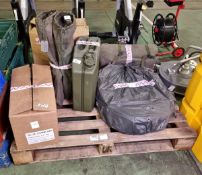 5x Army bags, 1x Ex WD 1952 jerry can, 2x vehicle decontamination kits, Dantherm duct pipe