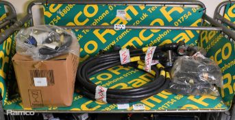 Box of army 240V adaptor cables, heavy comms cable and 2 bags of shelter tensioners