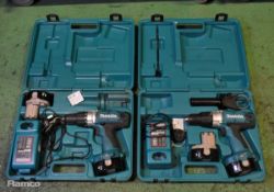 2x Makita MXT 8434D cordless electric drills with DC1804T charger, 2 x 1435 14.4V batteries & case