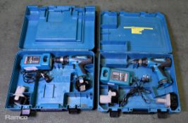2x Makita 6317D cordless drills - DC1414T charger - 2x 12V batteries with case