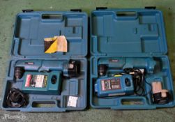 2x Makita DA312D cordless angle drill with charger, battery and case
