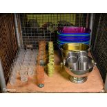 Catering equipment - drinking glasses of mixed types and sizes, plastic and metal drinks buckets