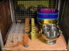 Catering equipment - drinking glasses of mixed types and sizes, plastic and metal drinks buckets