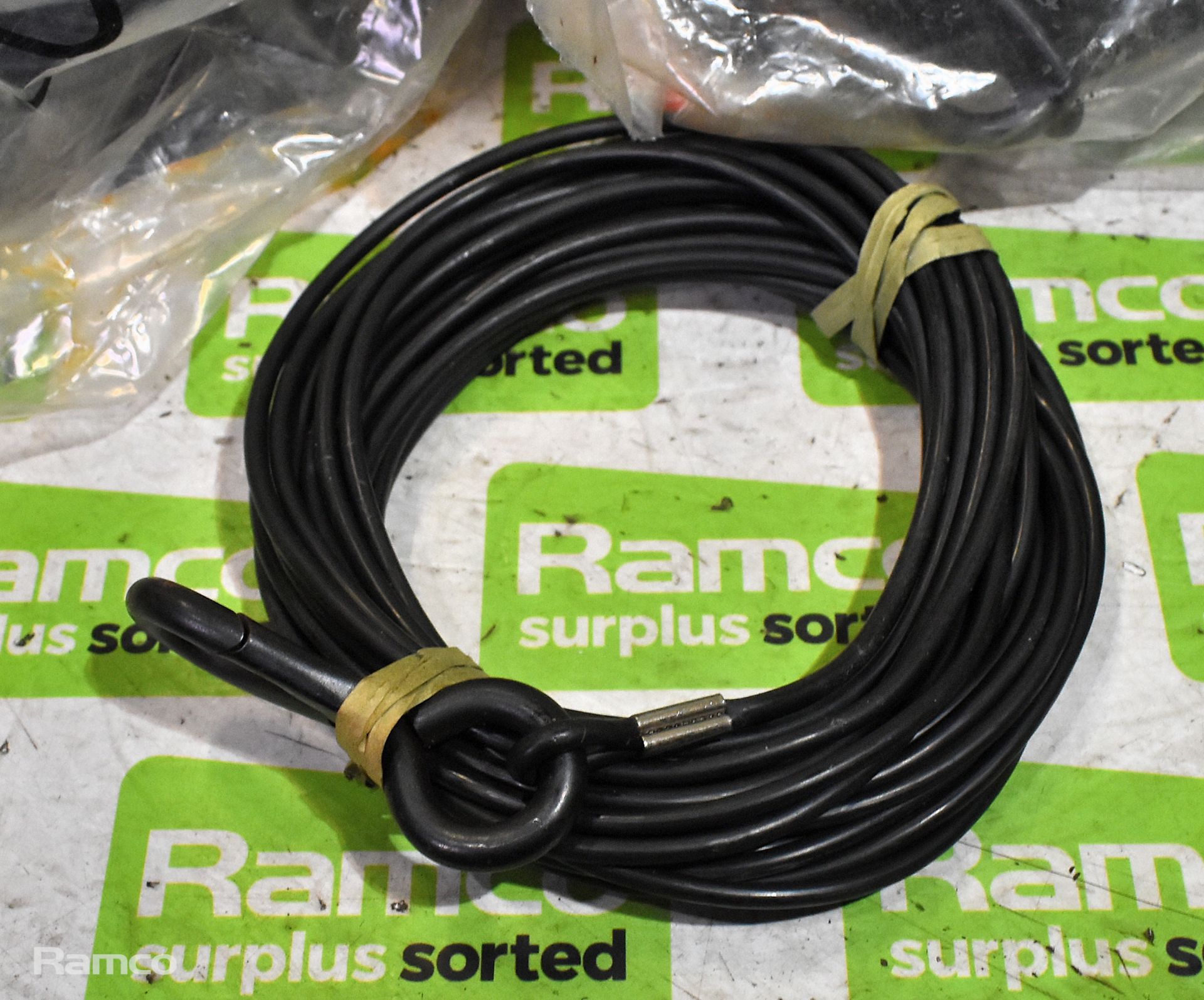 Box of army 240V adaptor cables, heavy comms cable and 2 bags of shelter tensioners - Image 11 of 11
