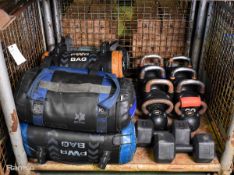 Gym equipment - 9x powerbags (5 - 20kg), 8x kettlebells (8 - 32 kg), 2x dumbbells (10kg)